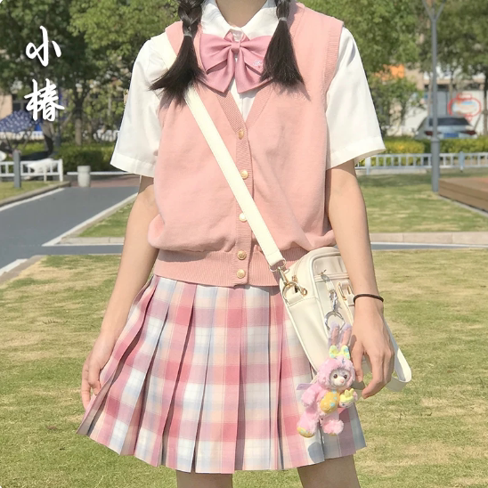 初田町小椿日系JK制服格子裙正版原创学生少女粉色高腰百褶裙