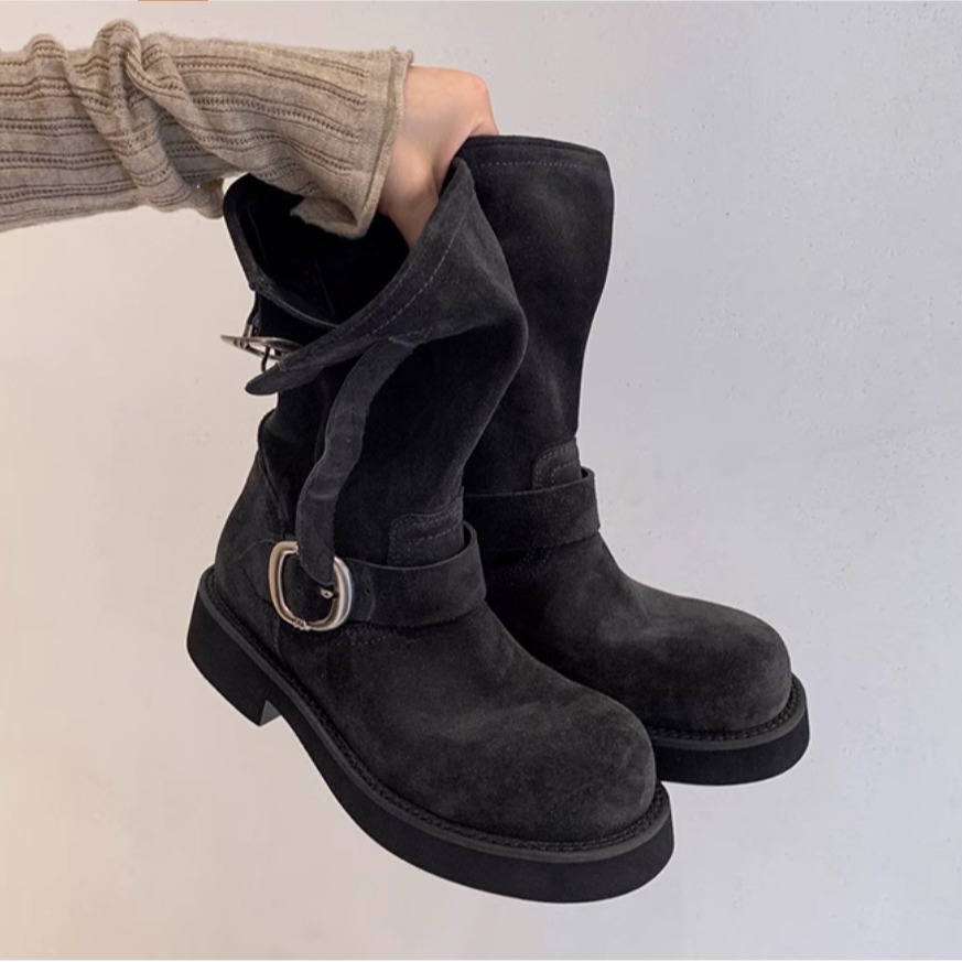 不二橘 厚底真皮中筒短靴堆堆靴金属扣机车靴马丁靴女官方旗舰店