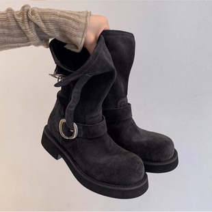 不二橘 厚底真皮中筒短靴堆堆靴金属扣机车靴马丁靴女官方旗舰店