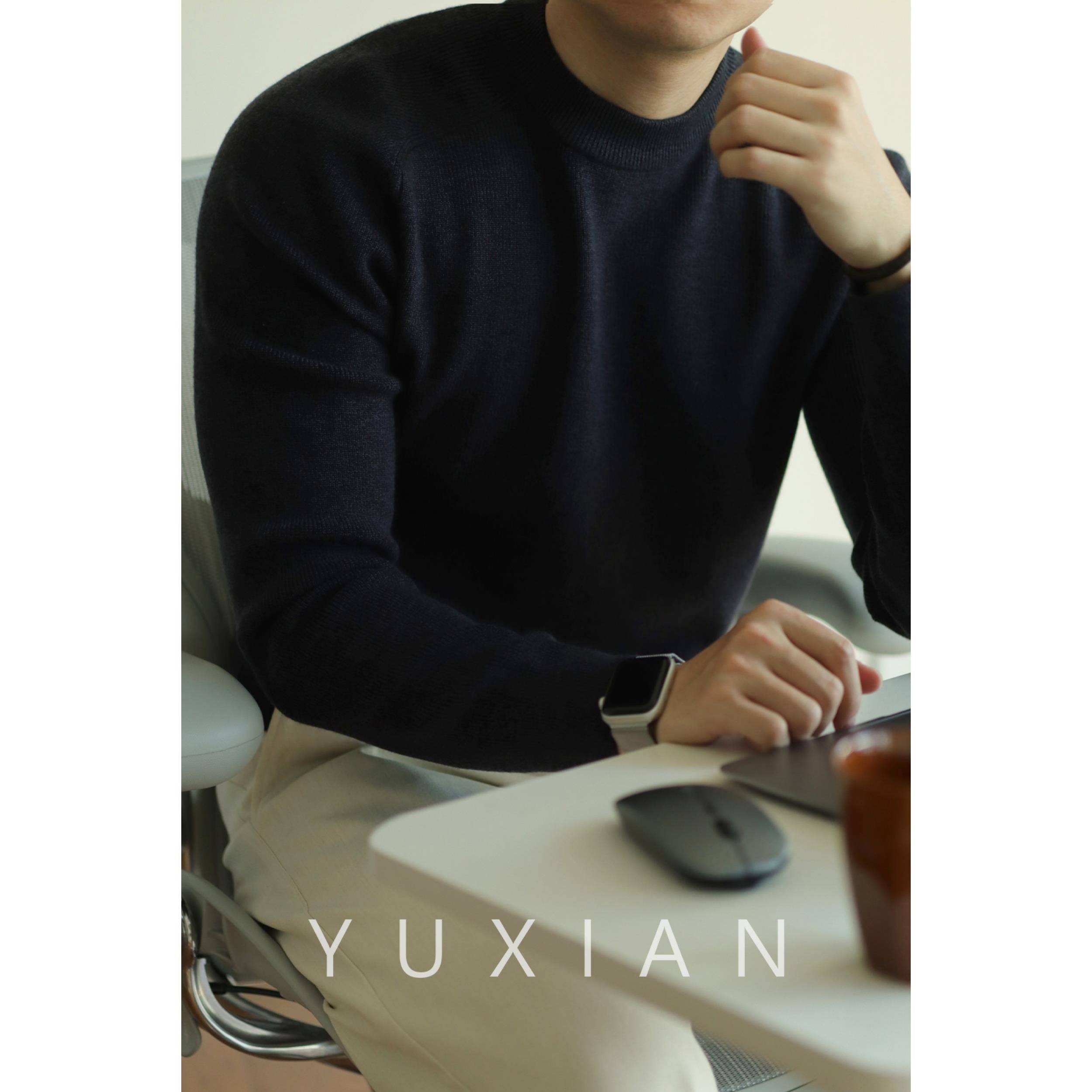 YUXIAN细腻绵羊毛半高领连肩毛衣美式复古套头纯色男士保暖秋冬季