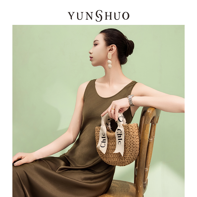 允硕秋夏新品背心圆领气质休闲开叉长款简约绿色显瘦连衣裙569417