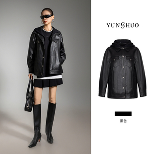 女上衣外套456173 百搭气质休闲机车连帽皮衣直筒长袖 允硕新品 时尚