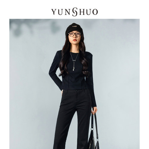 允硕新品长袖辣妹T时尚百搭气质修身圆领通勤简约女装上衣349513