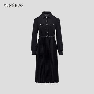 YUNSHUO 黑色连衣裙女中长款2026春季新款翻领压褶裙子569347