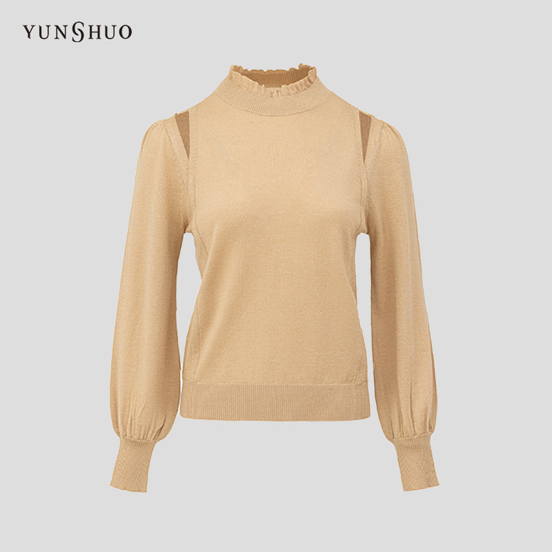 YUNSHUO针织衫女秋冬新款时尚花苞袖荷叶领套头毛衫739476