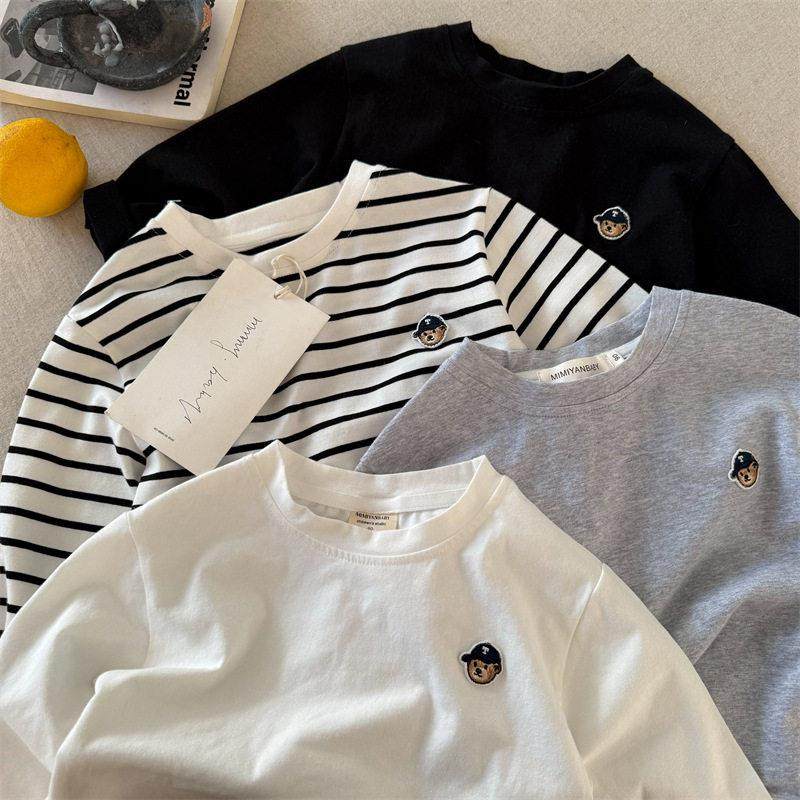 男童长袖打底衫条纹小熊刺绣宝宝纯棉T恤薄款25春儿童圆领T恤弹力