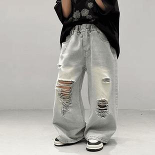 男童破洞牛仔裤春秋痞帅2025新款儿童直筒宽松炸街潮酷韩版长裤子