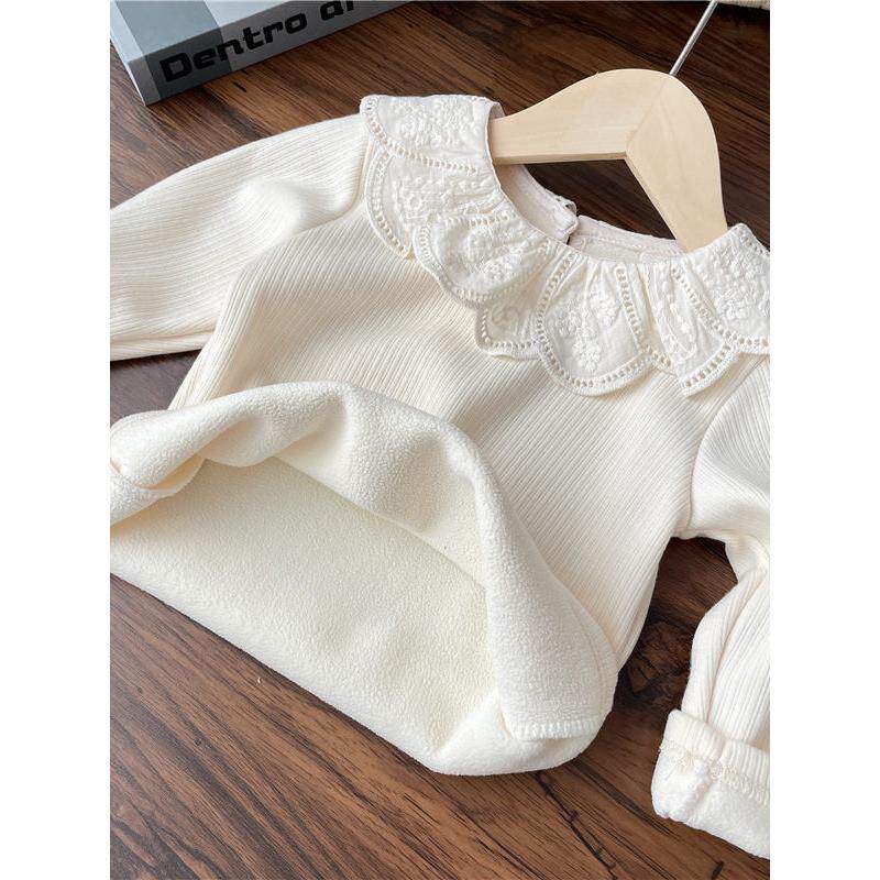 女童打底衫2025秋冬季新款荷叶领纯色加绒加厚中小童公主长袖上衣