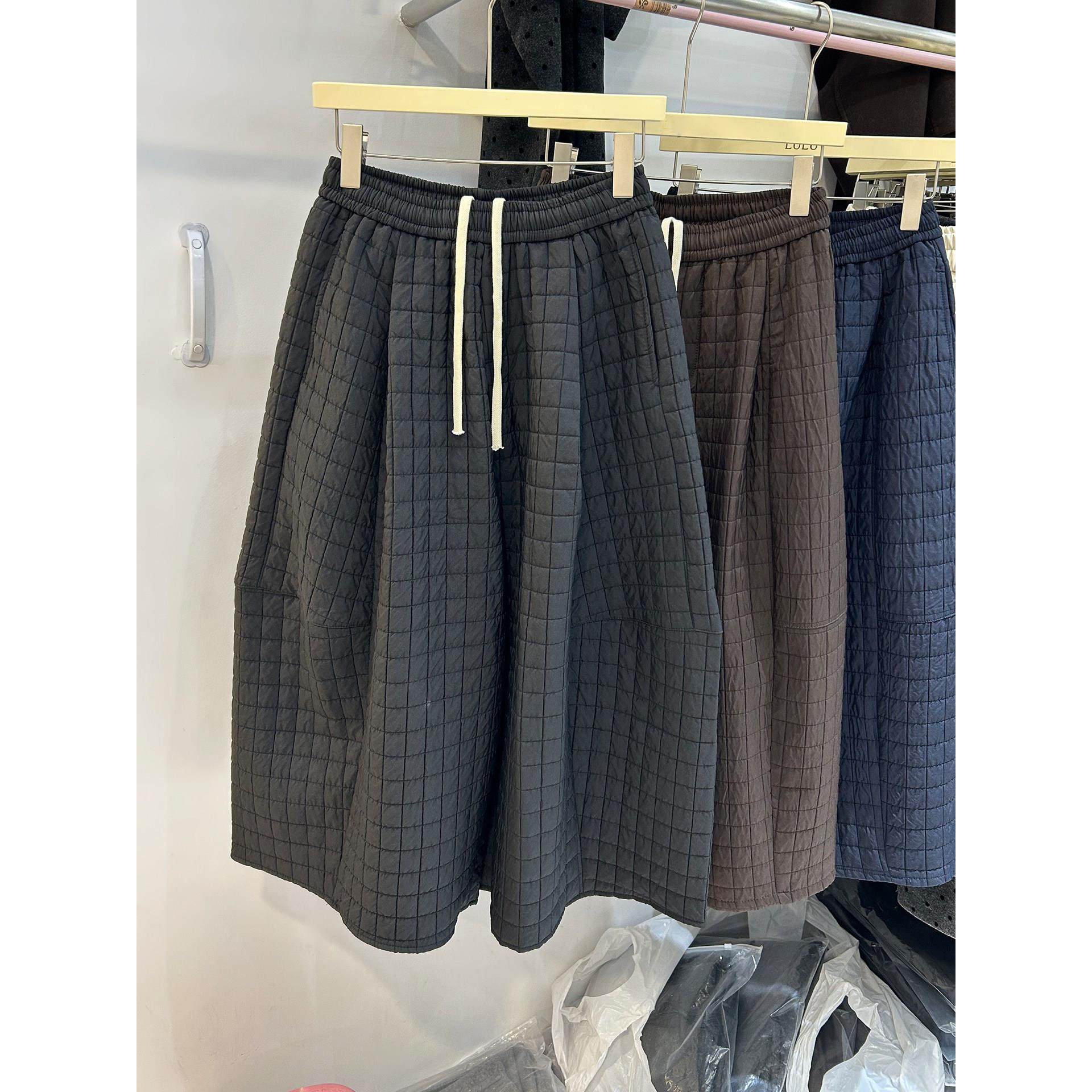 韩系夹棉格纹八分阔腿裤女冬2025新款小个子宽松慵懒风直筒休闲裤