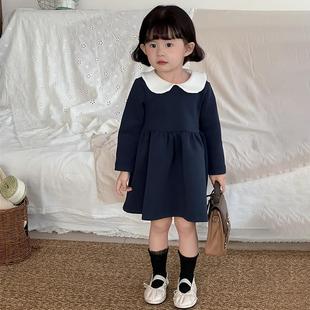 女童2025秋季藏青纯色娃娃领长袖连衣裙复古气质公主裙学院风裙子