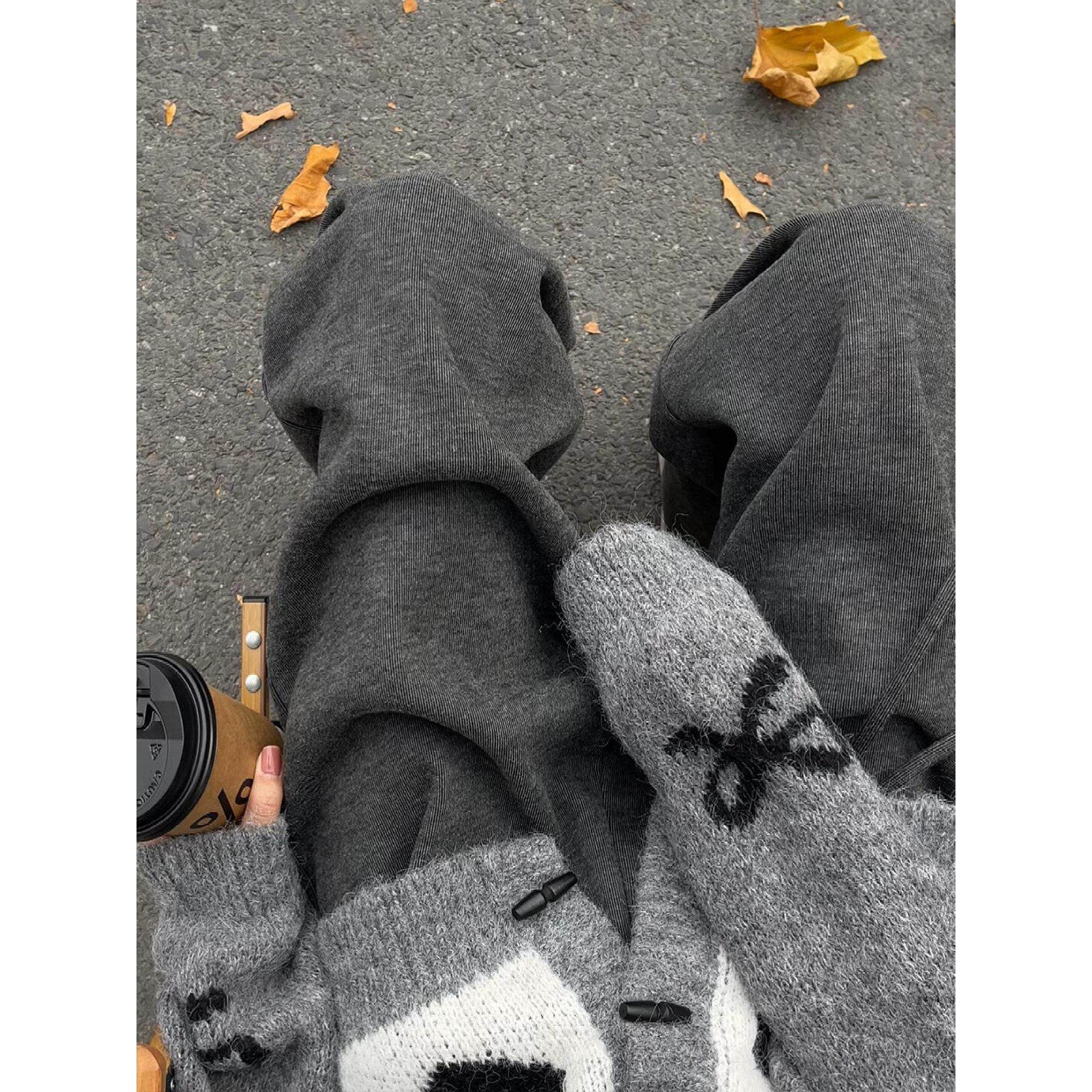 灰色加绒加厚阔腿糯米裤女款冬季大码胖mm显瘦宽松慵懒风休闲裤子