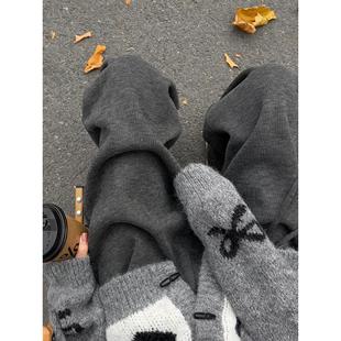 灰色加绒加厚阔腿糯米裤女款冬季大码胖mm显瘦宽松慵懒风休闲裤子