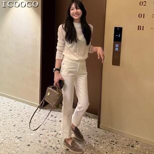 四面弹白色加绒法棍牛仔裤女2025秋冬季修身休闲小个子九分直筒裤