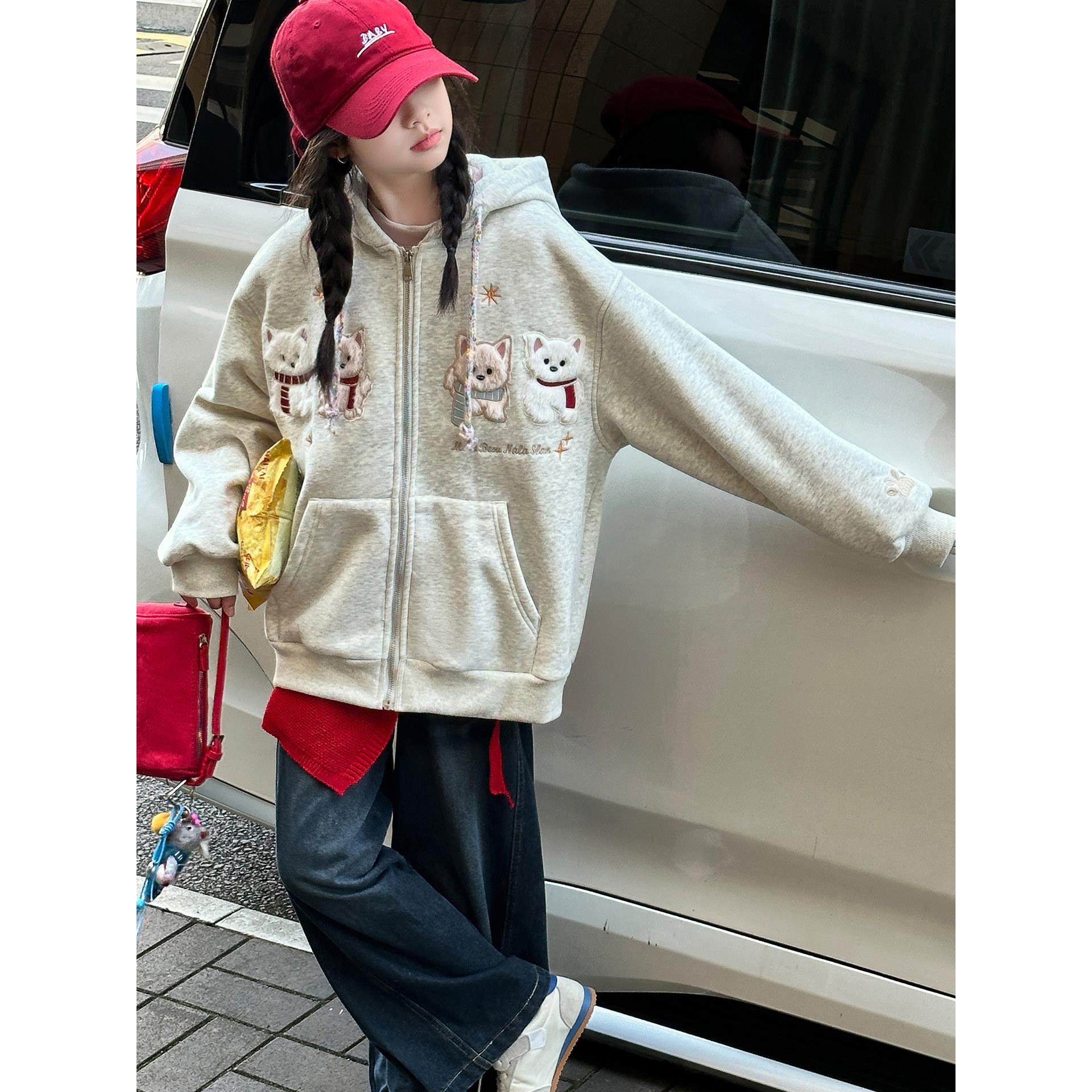 女童秋冬款加绒加厚外套2025新款洋气大童女孩一体绒连帽开衫卫衣