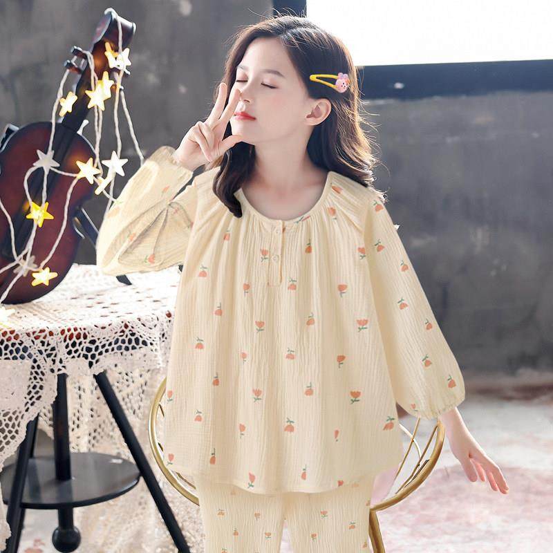 女童甜美氛围感郁金香长袖长裤睡衣女棉纱春秋款可外穿家居服套装,童装/婴儿装/亲子装,家居服套装,淘宝优惠券,粉丝福利购,淘宝优惠卷