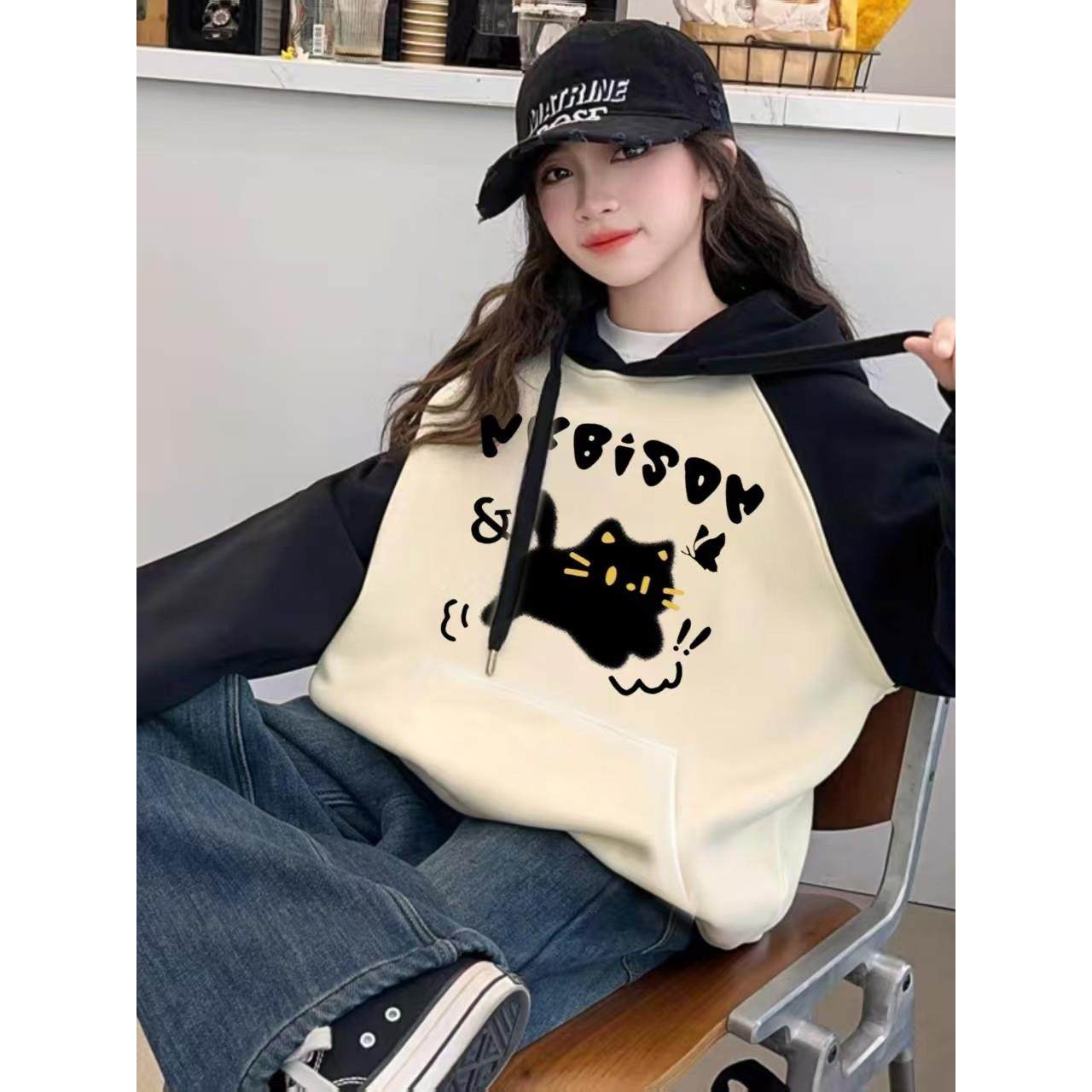 女童美式撞色连帽卫衣中大童秋冬新款学生插肩袖加绒慵懒外套帽衫