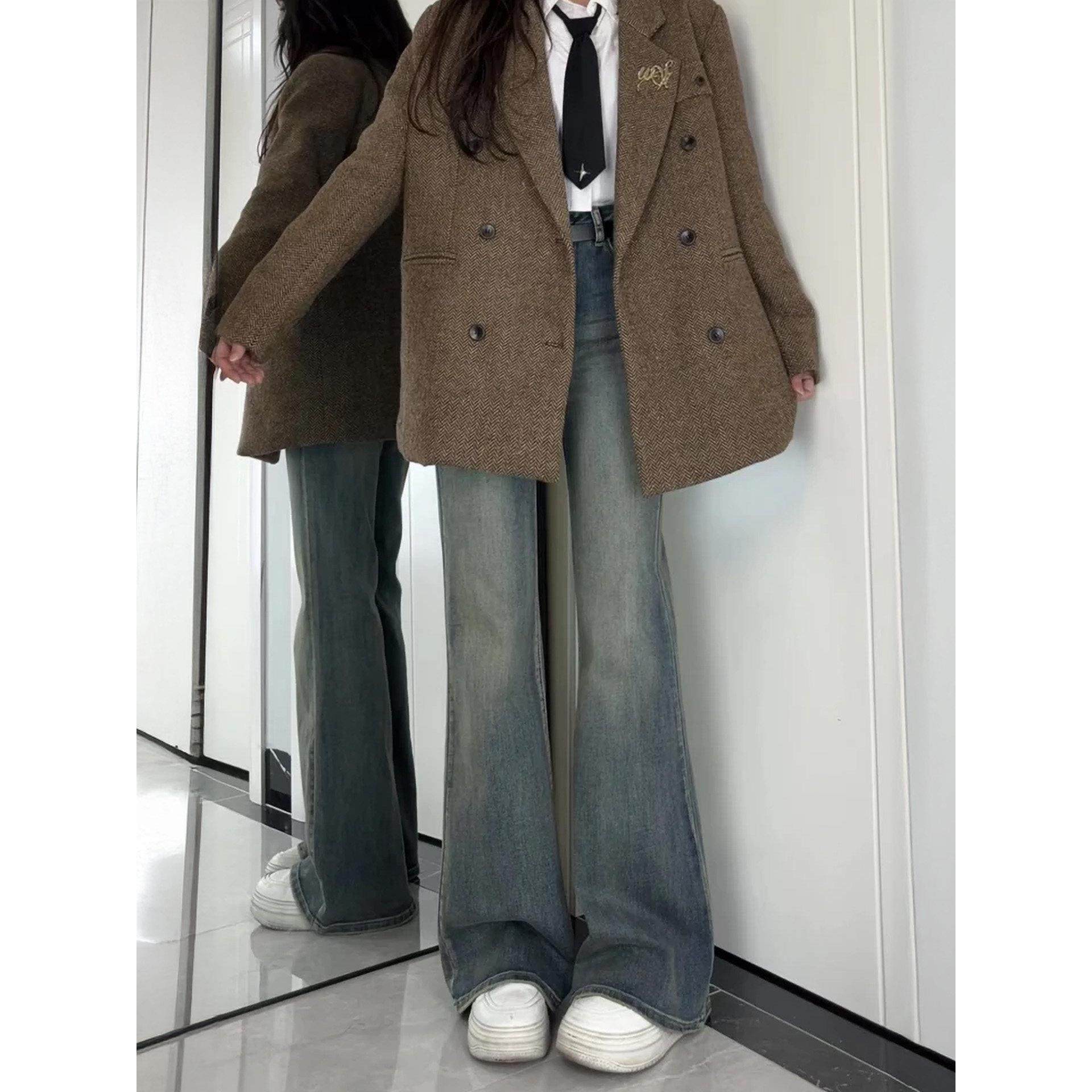 覆古蓝加绒加厚微喇牛仔裤女秋冬新款胖妹妹mm显瘦遮胯弹力喇叭裤