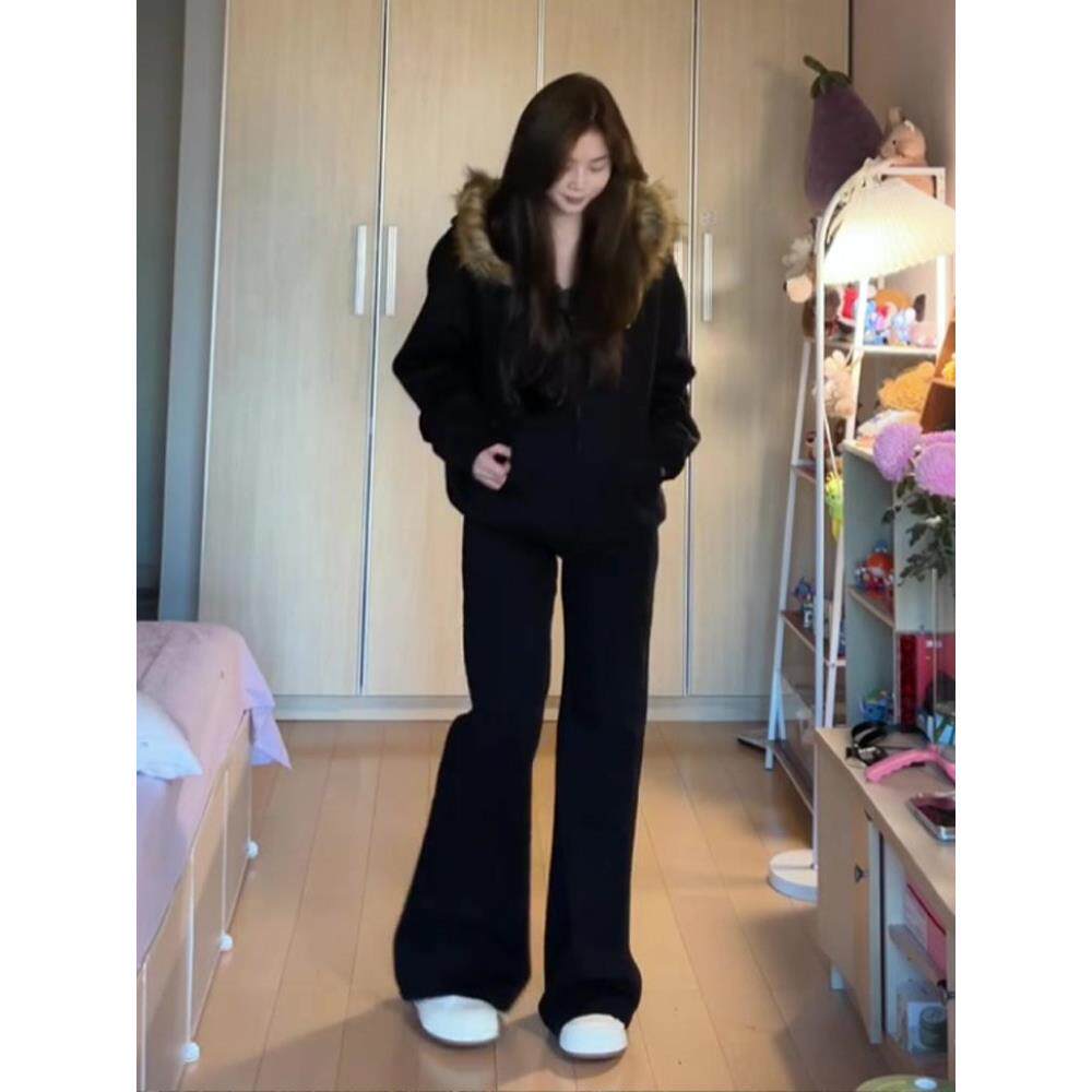 高个子加长黑色简约微喇牛仔裤女秋冬加绒加厚高腰宽松显瘦拖地裤