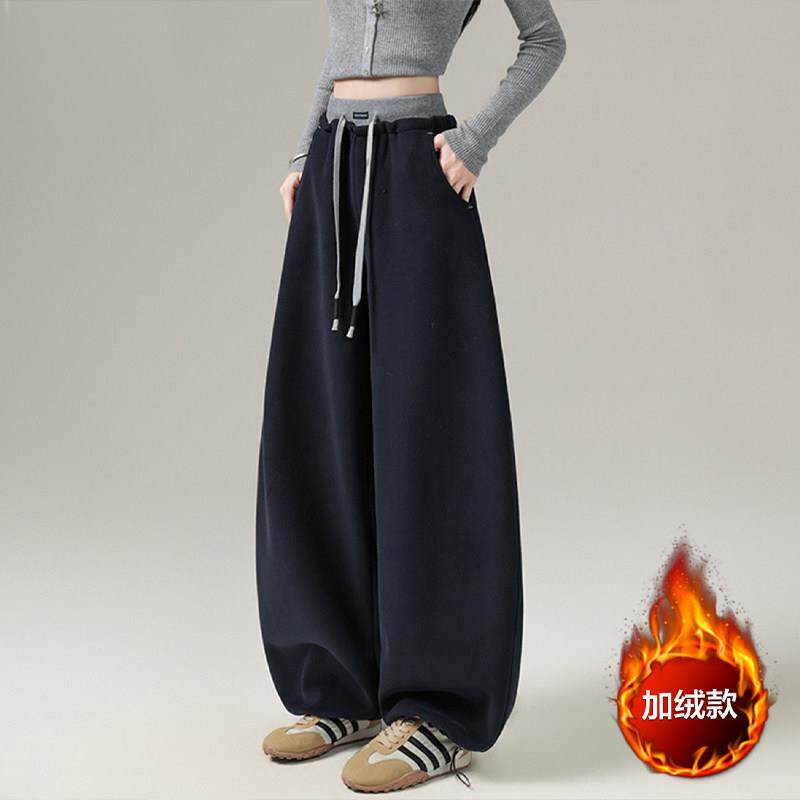 2025秋冬新款加绒运动裤女香蕉弯刀裤窄版阔腿裤束脚两穿休闲卫裤