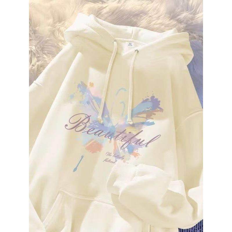 女童新款春秋冬季连帽童装卫衣中大童韩系学院风宽松蝴蝶印花外套