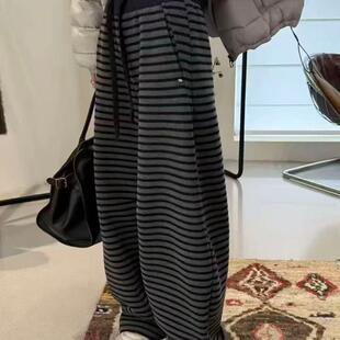 条纹加绒加厚阔腿休闲裤女2025冬季新款高腰显瘦直筒慵懒风长裤子