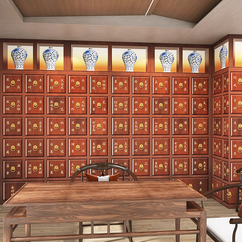 3d中药柜墙纸中医药房药材铺养生采耳馆会所海报直播间背景墙壁纸