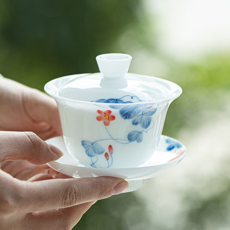 可悬停 冰种玉瓷手绘凌霄花三才盖碗 釉下彩高白瓷新式青花泡茶碗,餐饮具,盖碗,淘宝优惠券,粉丝福利购,淘宝优惠卷