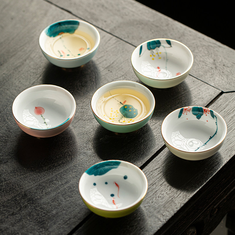 色釉手绘描金普洱杯功夫茶具釉下彩荷花品茗杯陶瓷家用茶室小茶杯,餐饮具,茶杯,淘宝优惠券,粉丝福利购,淘宝优惠卷