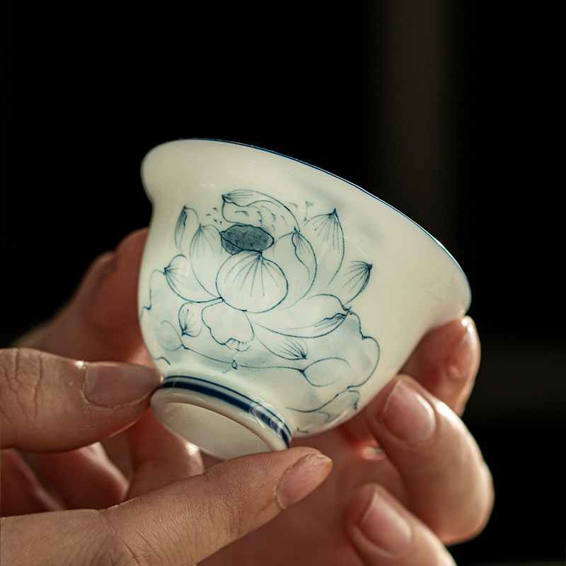 冰种玉瓷重工手绘青花品茗杯釉下彩高档薄胎茶杯功夫茶具送礼茶盏,餐饮具,茶杯,淘宝优惠券,粉丝福利购,淘宝优惠卷