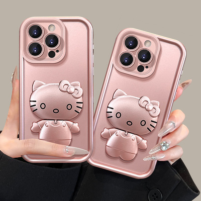 香槟粉喵咪支架全型号适用于苹果16promax手机壳vivo华为OPPO小米保护套新款女金属漆高级感防摔镜头全包创意