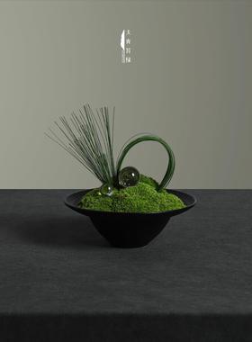 天青苔绿 新中式陶瓷永生苔藓组合 样板房茶几洽谈桌床头柜摆件