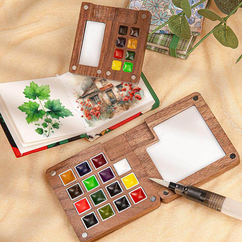 迷你水彩颜料盒分装胡桃木木盒水彩旅行套组史明克固体水彩小画