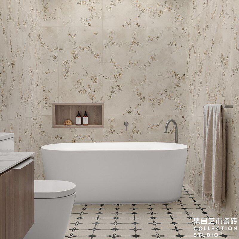 法式米黄柔光复古花砖瓷砖600*1200全瓷卫生间咖啡厅背景墙砖