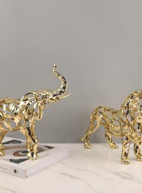 北欧金色镂空狮子马动物雕塑摆件客厅玄关展柜酒柜样板间家居装饰