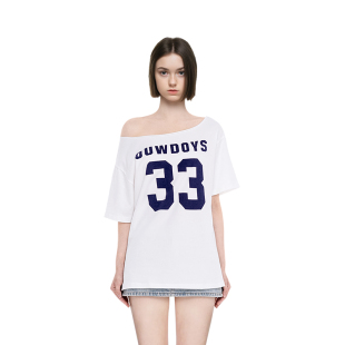 BM短袖t恤女2026新款夏季一字肩33字母印花宽松慵懒风设计感上衣