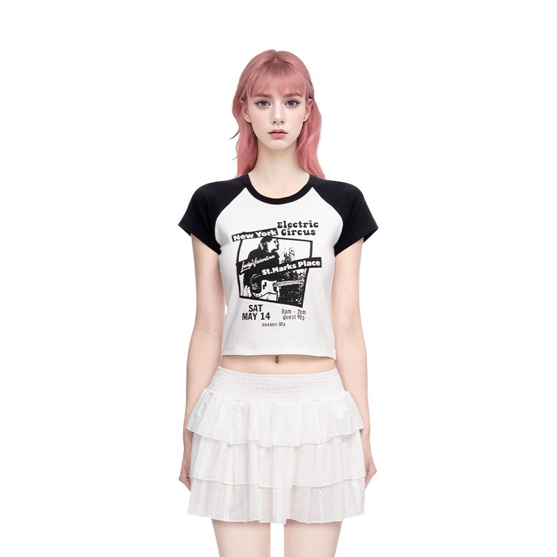 BM短袖上衣女夏季纯欲小众短款辣妹T插肩复古美式修身显瘦休闲