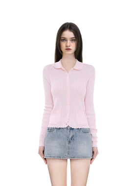 BM针织开衫女2026新款早秋纯色麻花甜美翻领显瘦百搭花边长袖上衣