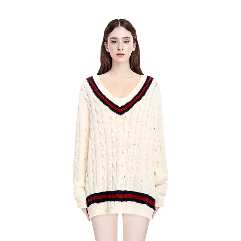 BM毛衣女秋冬2025新款麻花V领红黑撞色学院风今年流行漂亮毛衣