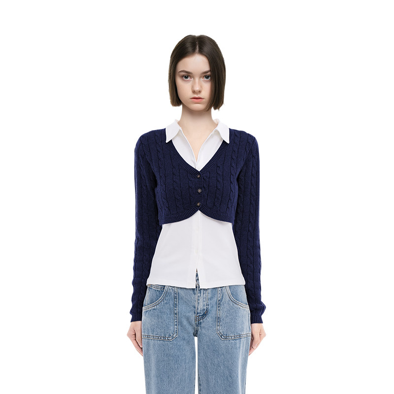 BM开衫女2026新款冬季超短款V领麻花美式复古修身长袖针织外套