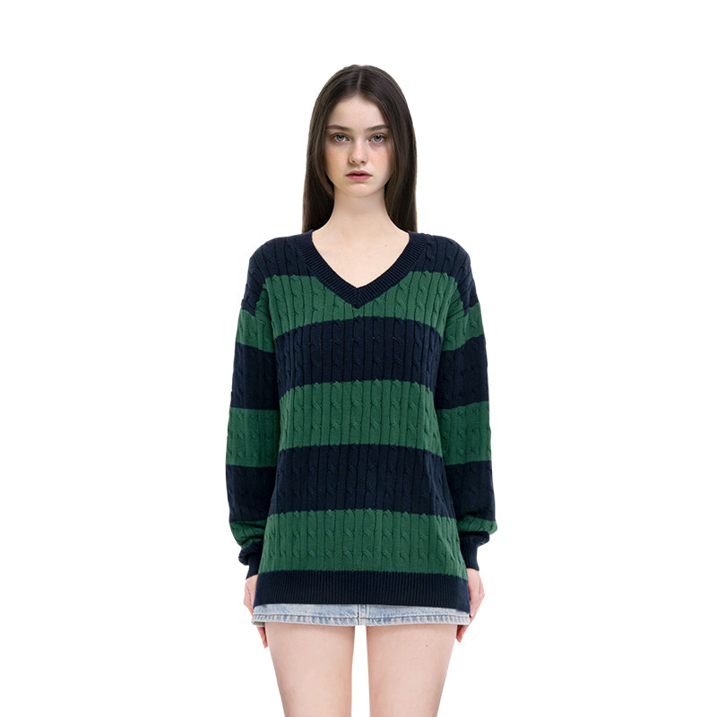 BM毛衣女秋冬2026新款麻花V领拼色毛衣绿色条纹宽松慵懒风毛衣