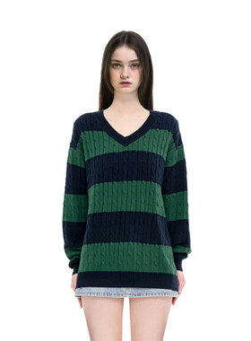 BM毛衣女秋冬2025新款麻花V领拼色毛衣绿色条纹宽松慵懒风毛衣