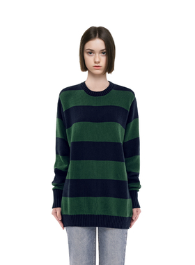 BM毛衣女2025新款爆款秋冬圆领针织蓝绿色条纹慵懒风复古宽松毛衣