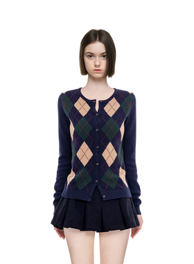BM开衫女2025新款秋冬菱格圆领短款美式显瘦上衣百搭长袖针织外套