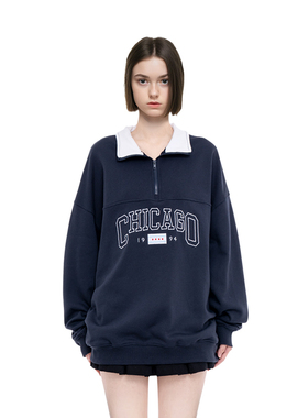 BM卫衣女2026新款爆款POLO领美式半拉链芝加哥风格oversize卫衣