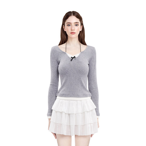 BM长袖女2025新款早春蕾丝挂脖蝴蝶结设计感短款修身显瘦百搭上衣