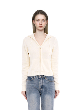 BM针织开衫毛衣女2025新款秋冬美式奶呼呼简约连帽针织开衫卫衣