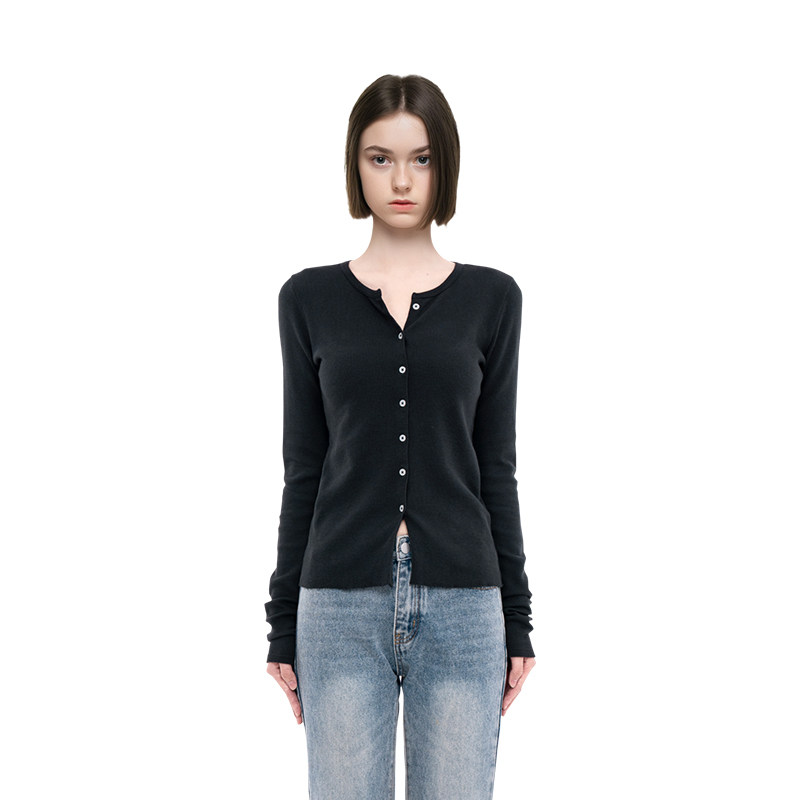 BM开衫女2025新款春秋纯色华夫格美式复古高级感修身显瘦长袖外套