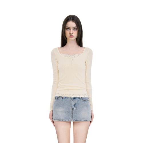 BM长袖上衣女2025新款秋冬假两件拼接内搭蕾丝边今年流行的打底衫