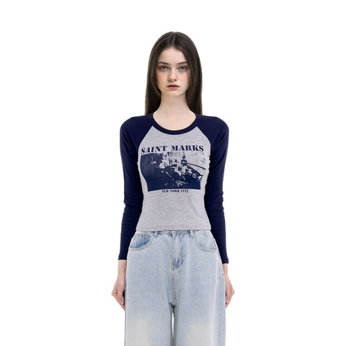 BM长袖t恤女2025新款春秋印花拼接撞色短款露脐修身百搭显瘦上衣