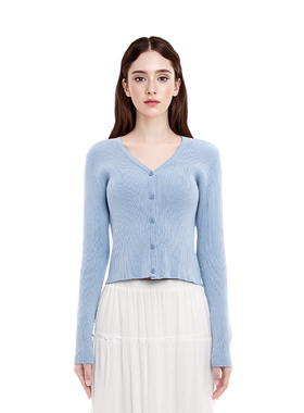 BM针织开衫女2026秋季新款长袖T恤衫外套罗纹V领毛衣薄款外搭开衫